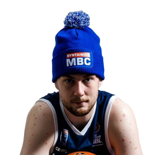 Bommelmütze blau mit farbigem Logo