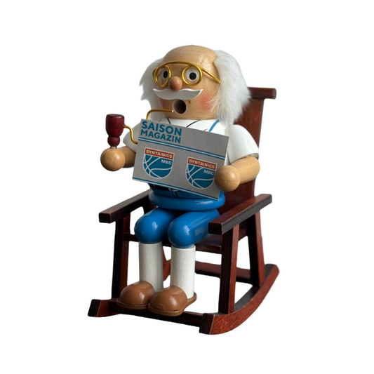 Räucherfigur Opa Schaukelstuhl hellblau/weiß