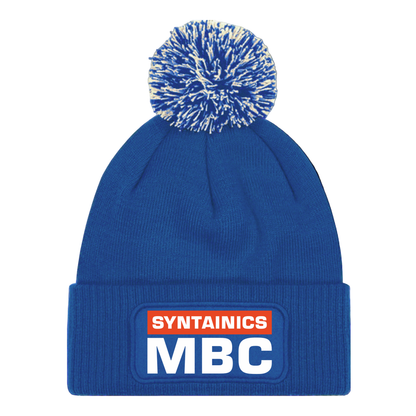 Bommelmütze blau mit farbigem Logo